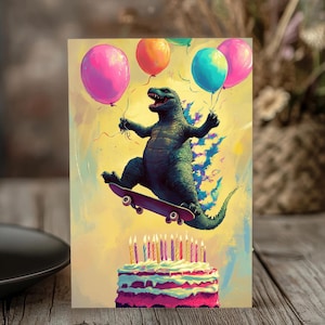 Salto Alegre de Godzilla: Cartão de Aniversário de Monstro Gótico - Diversão Kaiju, Balões e Fantasia de Bolo