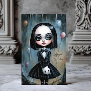 Cartão de aniversário inspirado em Wednesday Addams com caveira | Humor gótico sombrio | Estilo assustador da Família Addams