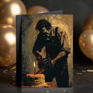 Biglietto di auguri di compleanno "Horror Chainsaw", parodia di film horror, download digitale, stampabile fai da te