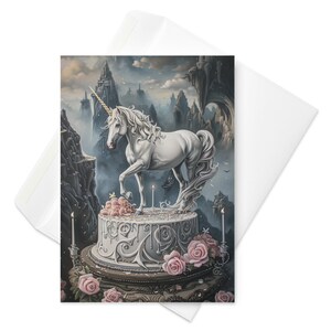 Mystische Einhorn Glückseligkeit - Gothic Geburtstagskarte, Fantasy Einhorn auf Kuchen, verzauberte Feier, wunderlicher magischer Gruß