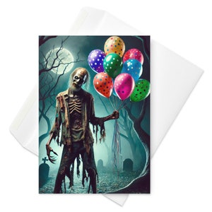 Zombie-Party anfeuern | Gothic Zombie Geburtstagskarte | Gruselige Luftballons, schwarzer Humor, einzigartige Begrüßung