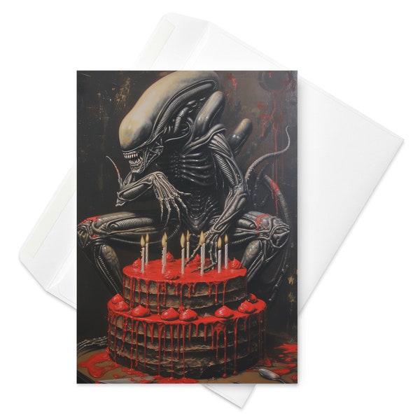 Xenomorph Cake Invasion - Sci-Fi Horror Birthday Card, Alien-Themed Party Surprise, Extraterrestrial Celebration