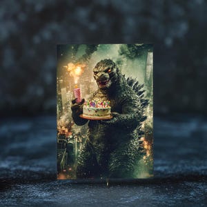 Le regard de Godzilla : carte d'anniversaire gothique - Monstre en ruines, Kaiju avec un gâteau, Célébration épique