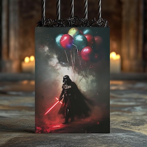 Galaktische Festlichkeit: Darth Vader mit Lichtschwert & Bunten Luftballons Geburtstag, Sith Feier, Star Wars Party, Intergalaktische Bash Parodie