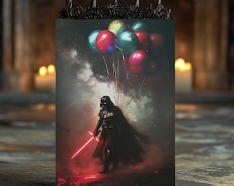 Fêtes galactiques : anniversaire de Dark Vador avec un sabre laser et des ballons colorés, célébration des Sith, fête Star Wars, parodie de la fête intergalactique