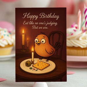 Banquete de Pájaros Juiciosos: Divertida parodia de tarjeta de cumpleaños, humor incómodo, descarga digital, ambiente de fiesta triste, tarjeta imprimible A4