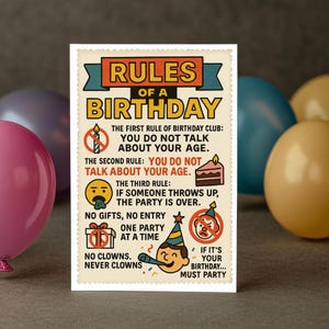 Regras do Clube de Aniversário (Edição Retro) – Cartão de Aniversário com Paródia Engraçada do Clube da Luta, Humor Estilo Vintage, Palhaços Não São Permitidos
