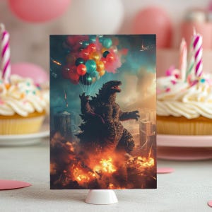 Godzilla&#39;s Balloon Fiesta: Colorful Celebration Birthday Card - Monster&#39;s Joyful Hold, Urban Fun, Vibrant Greetings, digital download