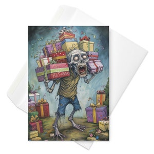 Porte-cadeau zombie - carte zombie amusant avec des cadeaux d'anniversaire, célébration humoristique des morts-vivants, compagnon de fête original, voeux d'horreur