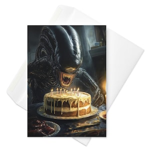 Cartão de aniversário alienígena Xenomorph Horror gótico com gritos de bolo, cartão de felicitações exclusivo de arte sombria, paródia de cartão de aniversário de terror de ficção científica