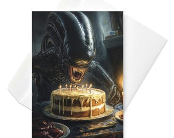 Xenomorph Alien Birthday Card Gothic Horror with Screaming at Cake, Unique Dark Art Greeting Card, Sci-Fi Horror Birthday Card parody