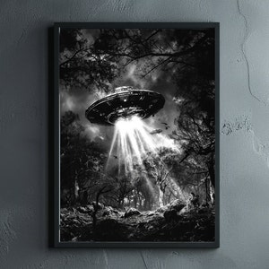 May include: A black and white photograph of a UFO hovering over a dark forest. The UFO is emitting a bright light that illuminates the trees below.