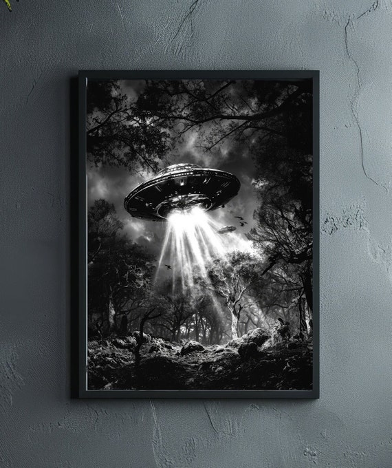 UFO Woodland Art Print - Black and White, Alien Encounter, Museum-Quality Paper, Sci-Fi Landscape, Extraterrestrial, LIMITED EDITION
