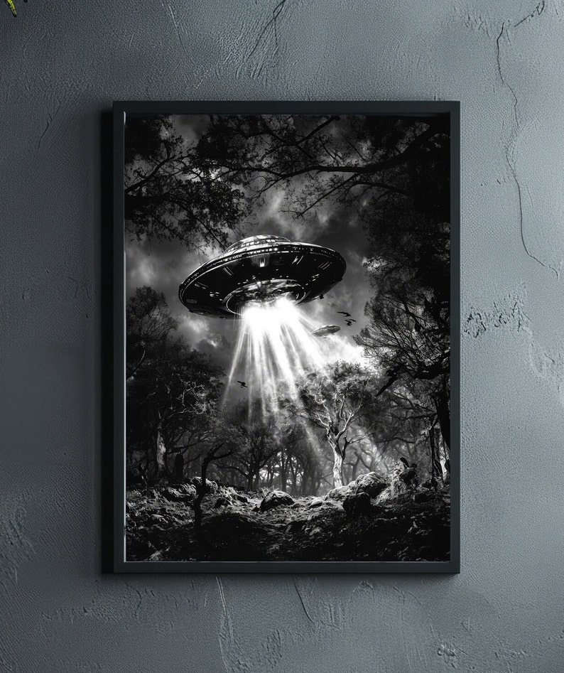 May include: A black and white photograph of a UFO hovering over a dark forest. The UFO is emitting a bright light that illuminates the trees below.