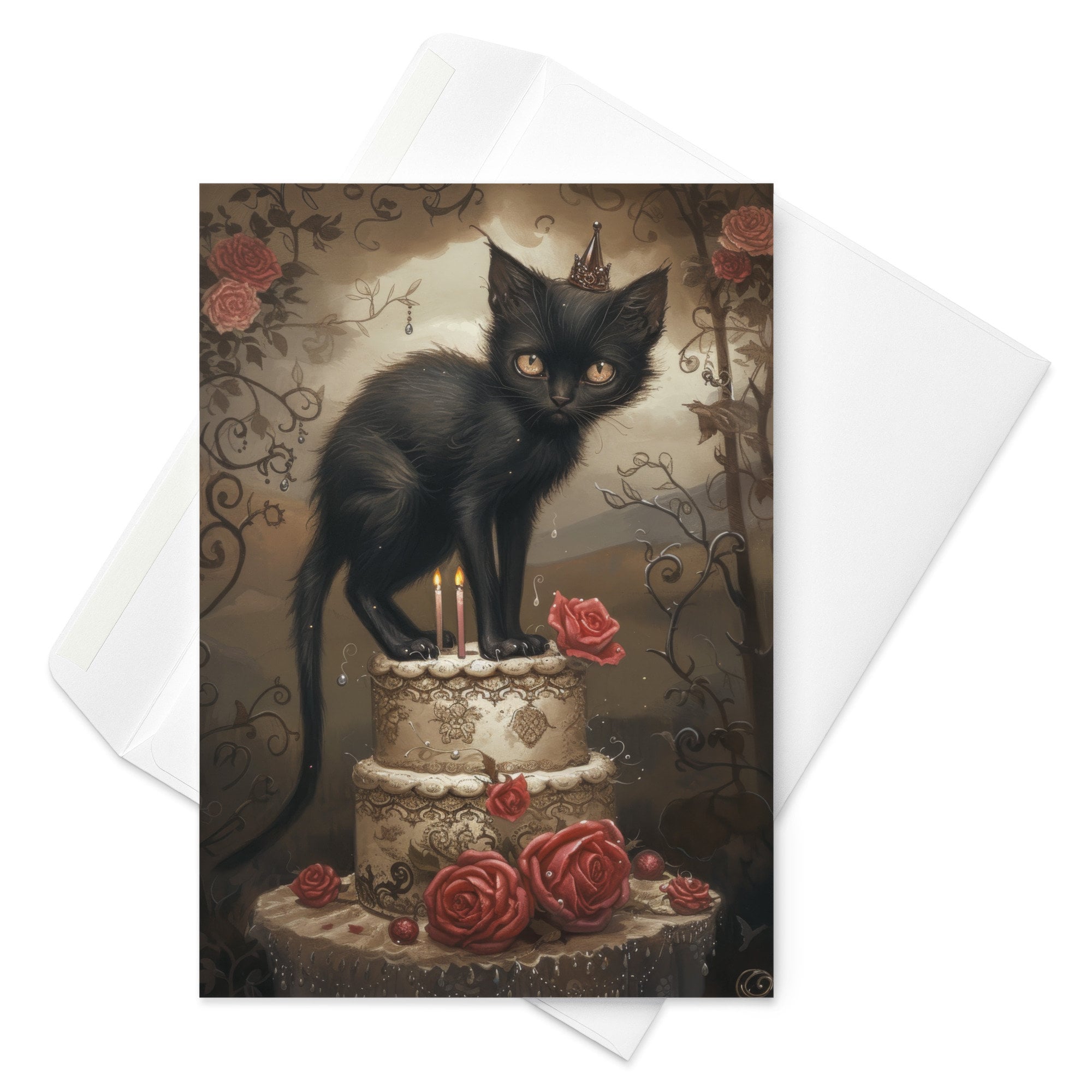 Midnight Whiskers - Gothic Black Cat Atop Birthday Cake Card, Dark