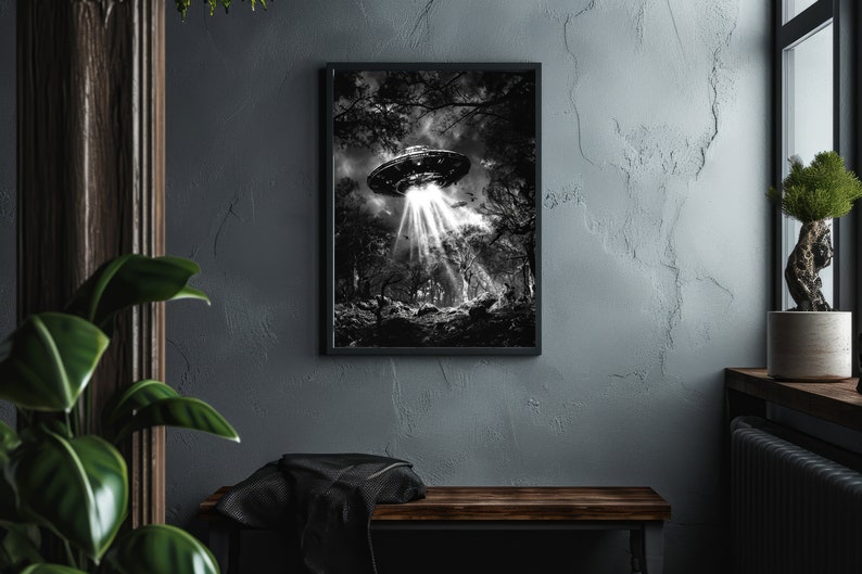May include: A black and white photograph of a UFO hovering over a forest. The UFO is emitting a bright light that illuminates the trees below.