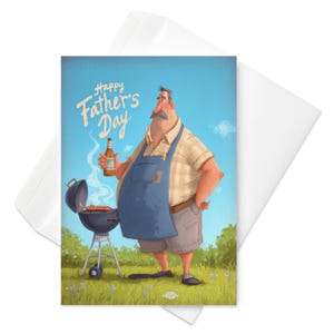 Grillmeister Papa - Lustige Vatertagskarte, Grillvater-Grußkarte, Cartoon Hinterhofkarte für Bier- und Grillliebhaber