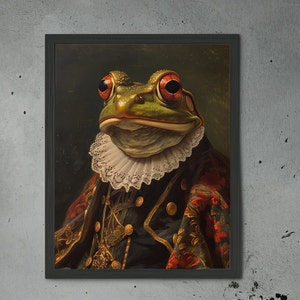 Könnte beinhalten: Ein Gemälde eines Frosches, der eine elegante, dunkelgrüne und goldene Jacke mit einem weißen Spitzenkragen trägt. Der Frosch hat große, rote Augen und eine grüne, strukturierte Haut. Der Hintergrund ist dunkelgrün.