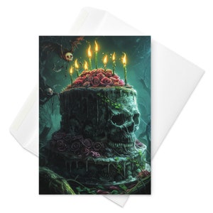 Celebração de Skullpture - Cartão de aniversário artístico de bolo de caveira, obra-prima macabra, elegância gótica de aniversário, saudação artística exclusiva
