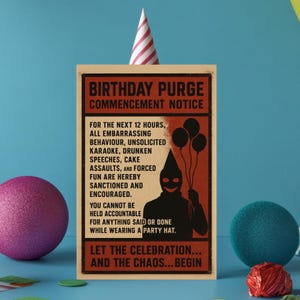 Cartão de formatura de aniversário de limpeza – Cartão de aniversário engraçado, paródia de limpeza, celebração do caos, pôster de festa retrô