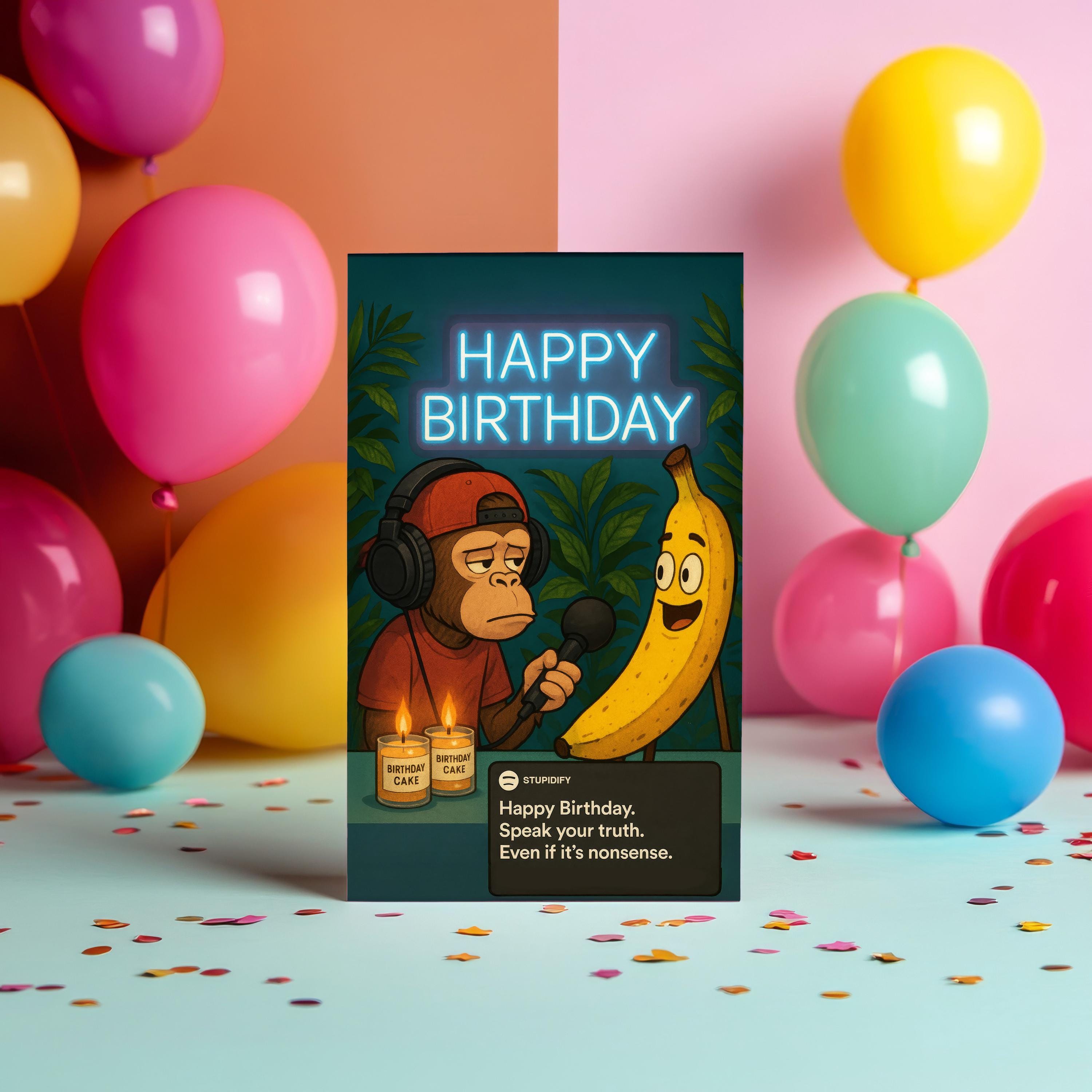 Monkey Mic Drop – Funny Parody Birthday Card, Podcast Style