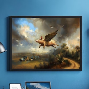 When Pigs Fly – Surreal Farm Fantasy Art Print | Flying Pig, Whimsical Landscape, Dreamy Animal Wall Art, Cottagecore Decor