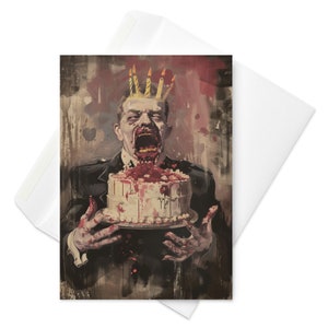 Cake Screme - Gothic Hilarity Geburtstagskarte, Mann verschlingt Kuchen, lustige Feier, einzigartiger lustiger Gruß