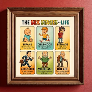 Les plus grands succès de la vie - Impression d'art amusante en six étapes de la vie, affiche d'humour sur le vieillissement, tableau satirique de la vie, décoration murale associable