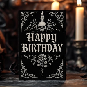 Anniversaire gothique fleuri - carte d'anniversaire bougie tête de mort, voeux occulte rose foncé, carte-cadeau d'anniversaire gothique victorien