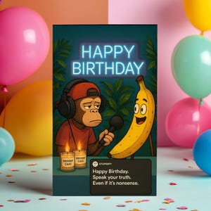 Monkey Mic Drop – Cartão de aniversário engraçado com paródia, estilo podcast, humor de banana, sabedoria sem sentido