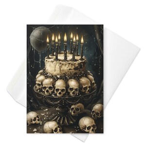 Gothic Eleganz enthüllt - Geburtstagskuchen-Karte mit Totenkopf, Dark Charm Feier, mystische Geburtstagswünsche