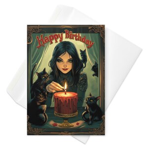 Chats de minuit et magie des bougies | Carte d'anniversaire sorcière gothique, chats noirs, gâteau occulte, célébration effrayante, voeux de sorcellerie