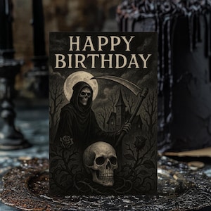 Grim Tidings Birthday – Gothic Geburtstagskarte mit Sensenmann, Sense & Totenkopf, Dark Ockulte Feier
