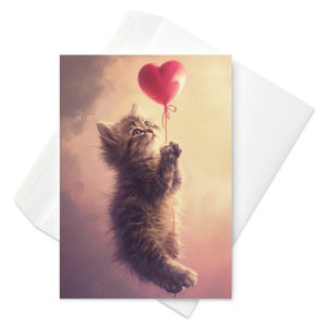 Carte de Saint-Valentin Tour en ballon du chaton - Carte de Saint-Valentin en ballon coeur fantaisiste