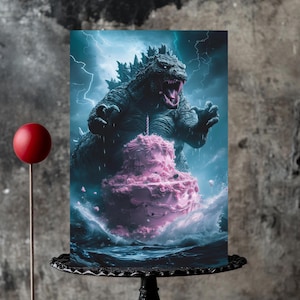 Kaiju Cakequake – Godzilla Birthday Card, Pink Frosting Parody, Digital Download, Printable DIY