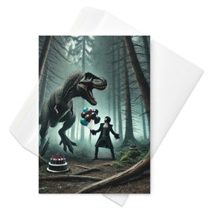 Jurassic Showdown | Mann mit Ballons vs. T-Rex, lustige Geburtstagskarte, Dinosaurier-Party, wunderliche Begrüßung, einzigartiger Geburtstag, prähistorischer Humor
