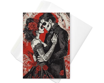 Tarjeta de San Valentín del Día de los Muertos: saludo de pareja gótica abrazada