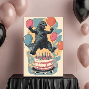 Skaterzilla Surprise – Cartão de aniversário retrô do Godzilla, paródia engraçada de monstro, download digital, faça você mesmo para imprimir