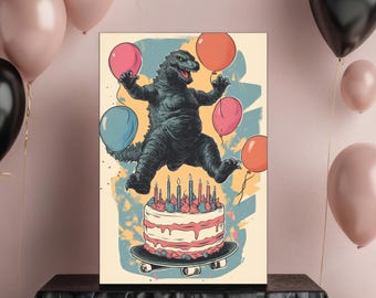 May include: A black monster figure with a birthday cake and balloons. The monster is standing on a skateboard. The cake has pink frosting and candles. The balloons are red, blue, and pink.