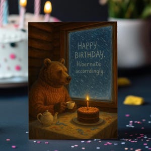 Hibernate & Celebrate : carte d'anniversaire douillette, humour hivernal, gâteau au thé, ambiance parodie introvertie