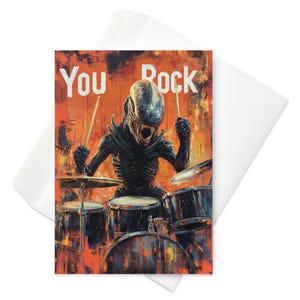 Alien Beatdown – Cartão engraçado "You Rock", baterista Xenomorph, presente para amantes de música de ficção científica, paródia de saudação de heavy metal