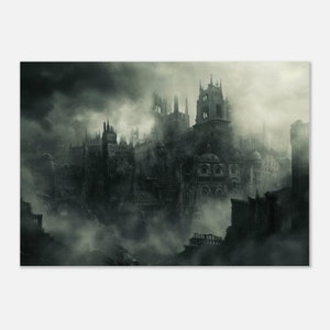 Gothic Horror Cityscape Art Print, Dark Urban Fantasy, Spooky Skyline, Eerie Metropolis Poster, Mysterious Night Scene, Creepy Urban Decor A4 21x29.7 cm / 8x12″