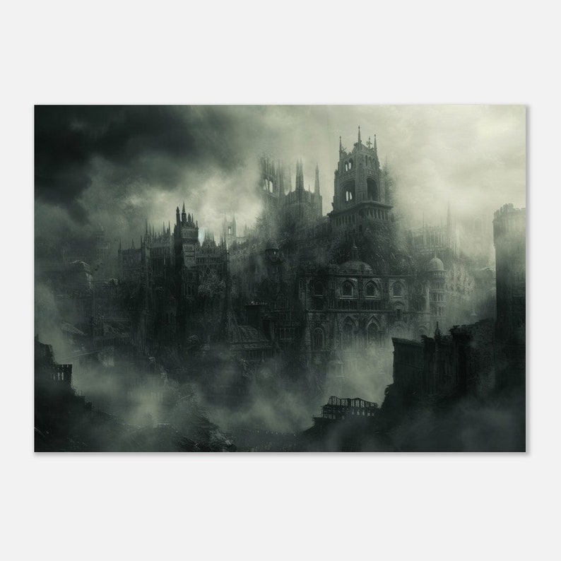 Gothic Horror Cityscape Art Print, Dark Urban Fantasy, Spooky Skyline, Eerie Metropolis Poster, Mysterious Night Scene, Creepy Urban Decor A4 21x29.7 cm / 8x12″