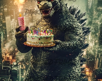May include: A green monster with a large mouth and sharp teeth holds a birthday cake with lit candles. The monster is standing in front of a city skyline with smoke and fire in the background.