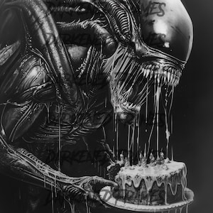 Alien Indulgence Digital Download - Xenomorph Geburtstagskarte, Gothic Sci-Fi Fun, Messy Cake Chaos Parodie
