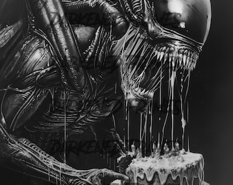Alien Indulgence Digital Download - Xenomorph Birthday Card, Gothic Sci-Fi Fun, Messy Cake Chaos parody