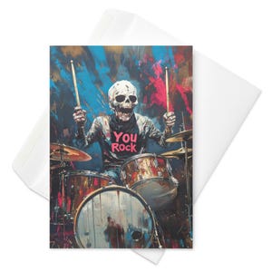 Ritmos que destrozan los huesos: divertida tarjeta con la frase «You Rock», esqueleto baterista, saludo de heavy metal, regalo para amantes de la música