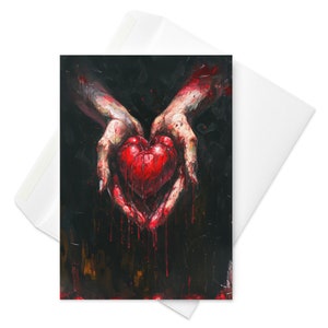 Cartão de dia dos namorados com coração na mão, design de coração sangrento pintado, amor gótico, saudação romântica exclusiva