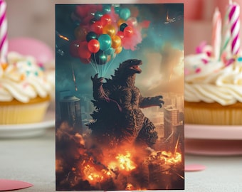 Fête des ballons de Godzilla : carte d&#39;anniversaire colorée - prise joyeuse d&#39;un monstre, divertissement urbain, salutations vibrantes