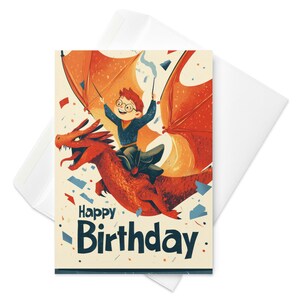 Birthday Blaze – Drachenreiter Geburtstagskarte, Zauberer Junge, Fantasy Kreatur, magische Feier, roter Drache, Abenteuer Kinderkarte